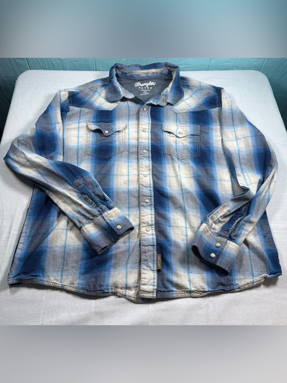 Wrangler Retro Premium Blue Plaid Western Pearl Snap Shirt XXL 112344559